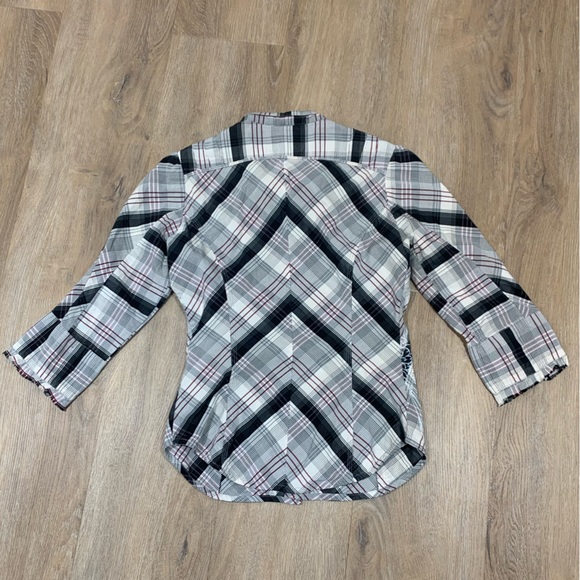 Diesel Plaid 3/4 Sleeve Button Down Floral Detail Shirt - Picture 3 of 6